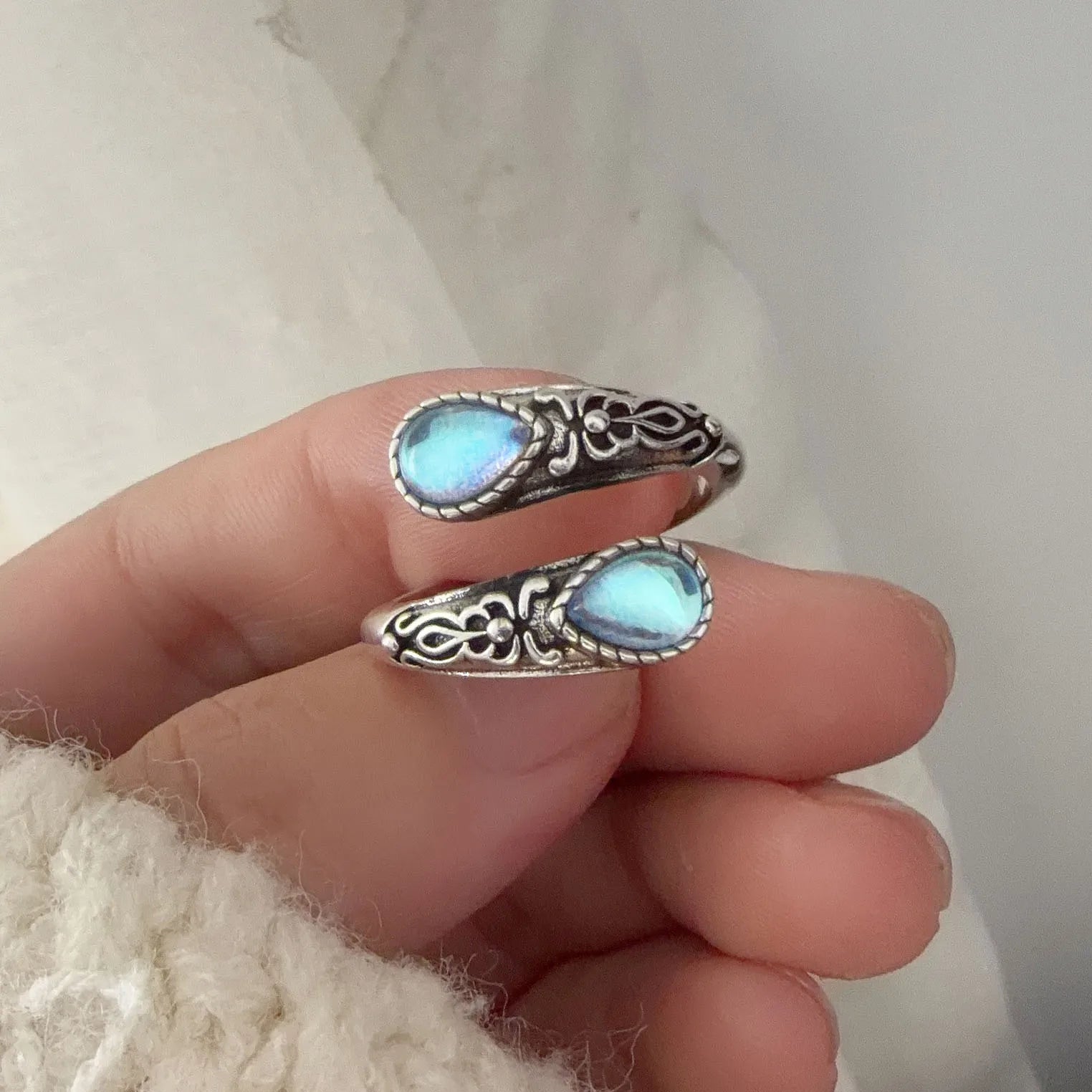 925 Sterling Silver Adjustable Blue Stone Flower Ring
