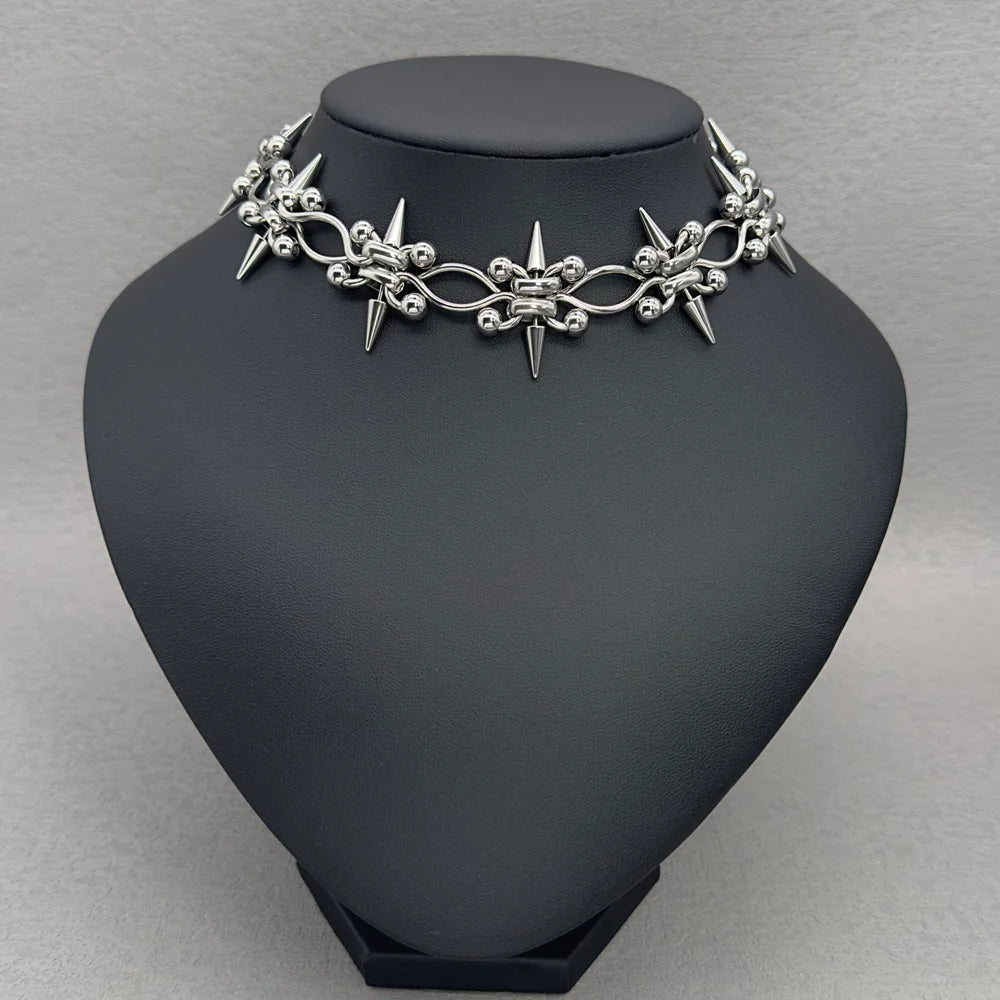 Punk Rock Y2K Piercing Spike Chain Cross Choker & Bracelet Stainless Steel