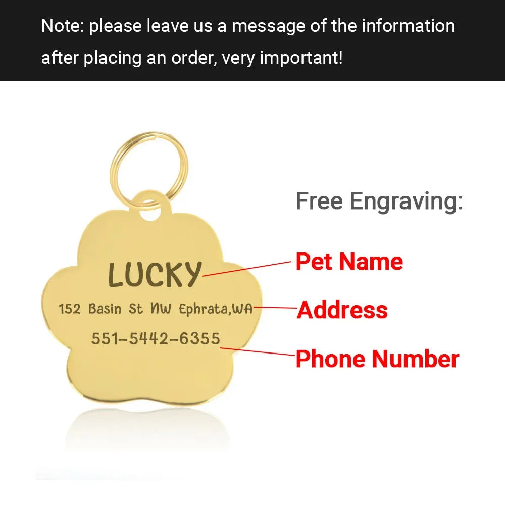 Gold Tone Stainless Steel Dog Cat Paw Print ID Name Tag
