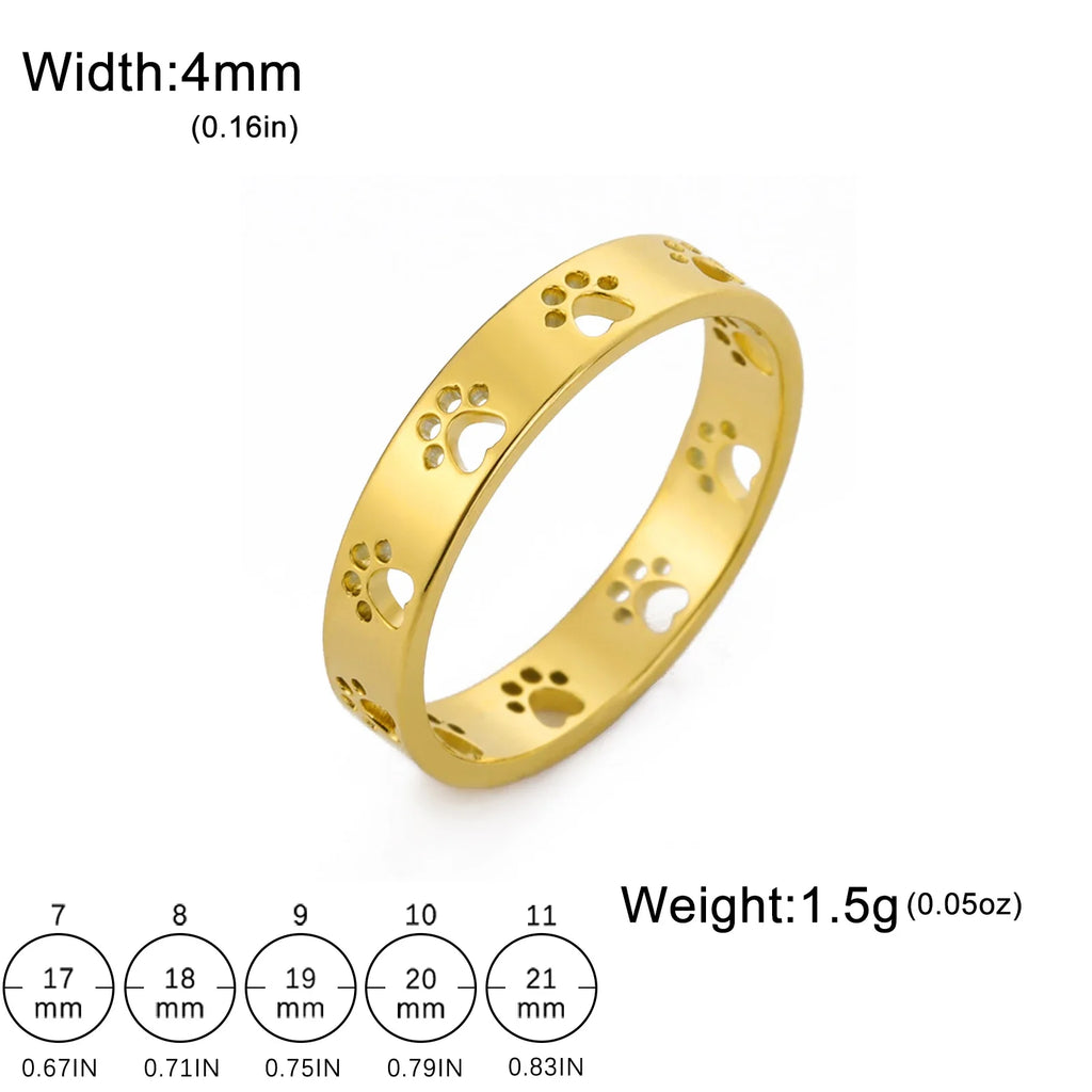 18K Gold Plated Stainless Steel Dog Paw Foot Print Ring in Gold & Silver