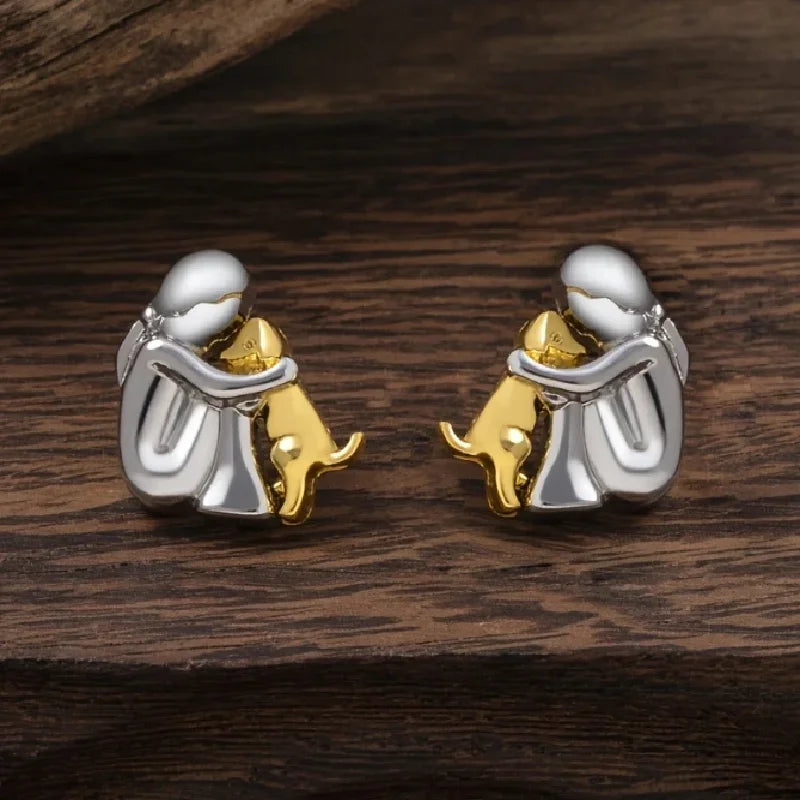 Two Tone Girl & Dog Hug Jewelry Set: Necklace & Earrings, Zinc Alloy