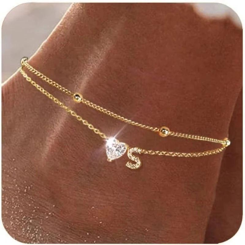 14K Gold-Plated Stainless-Steel Cubic Zirconia Heart Initial Anklet - Choose Yours