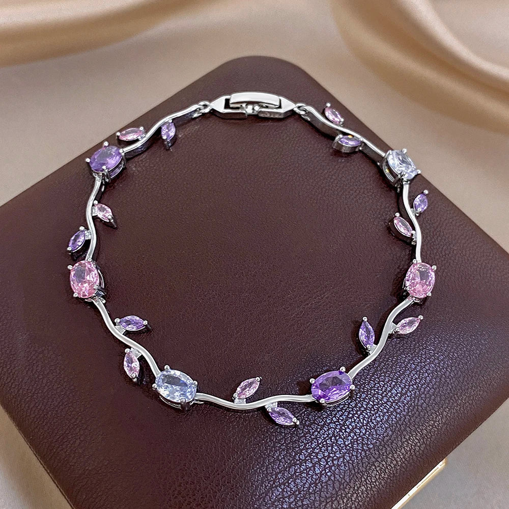 Pink/Purple Zircon Flower Leaf Silver Chain Bracelet in Copper - Elegant, Feminine