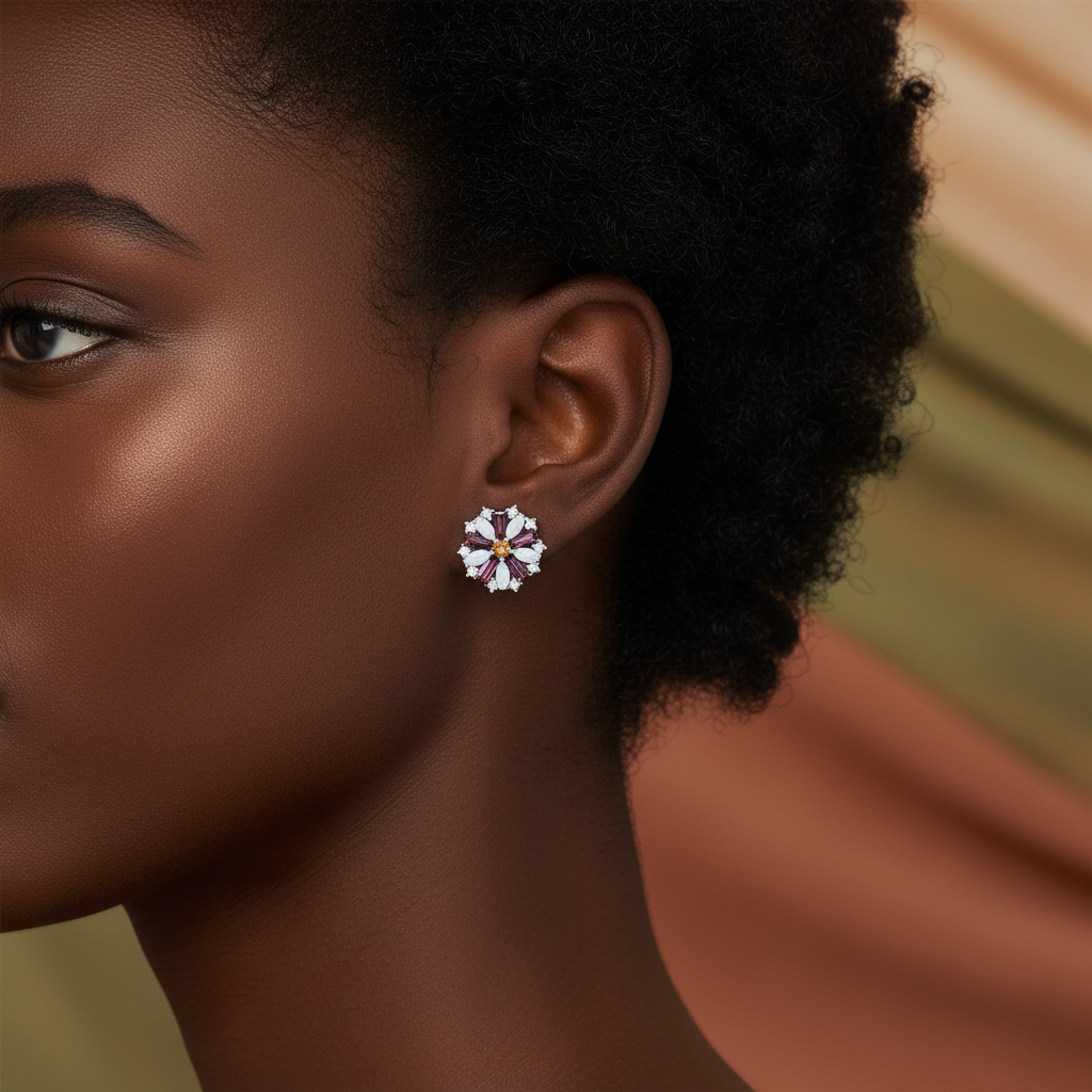 Rhodium Plated Purple Zircon Flower Earrings In 925 Sterling Silver