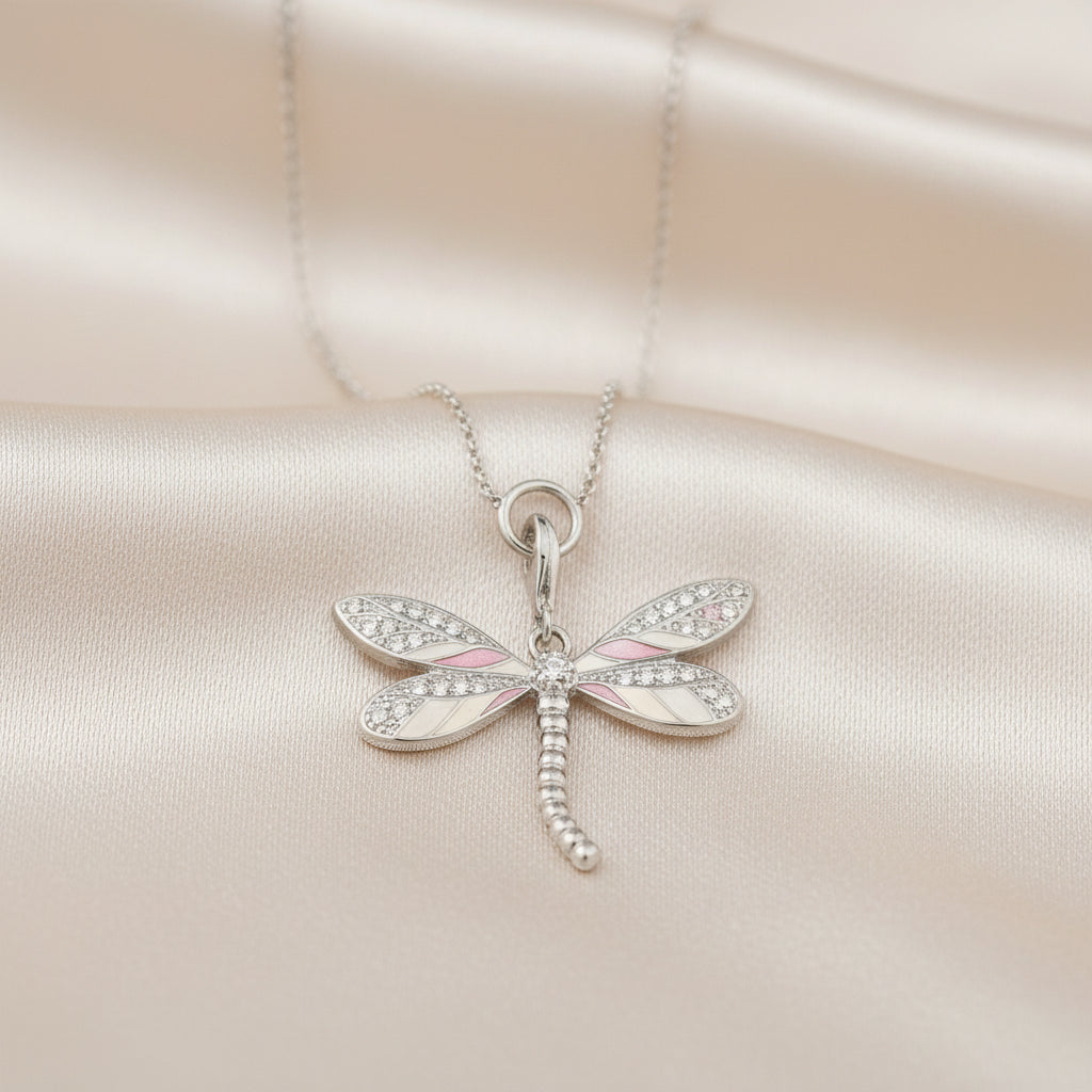 Pink Dragonfly Pendant Necklace in 925 Sterling Silver with Zircon Stones