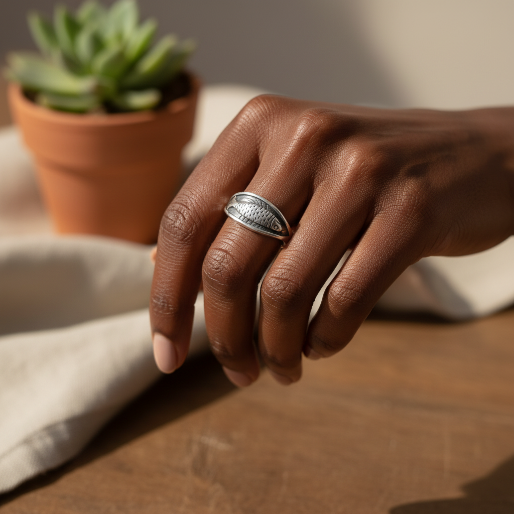 925 Sterling Silver Retro Fish Ring Adjustable