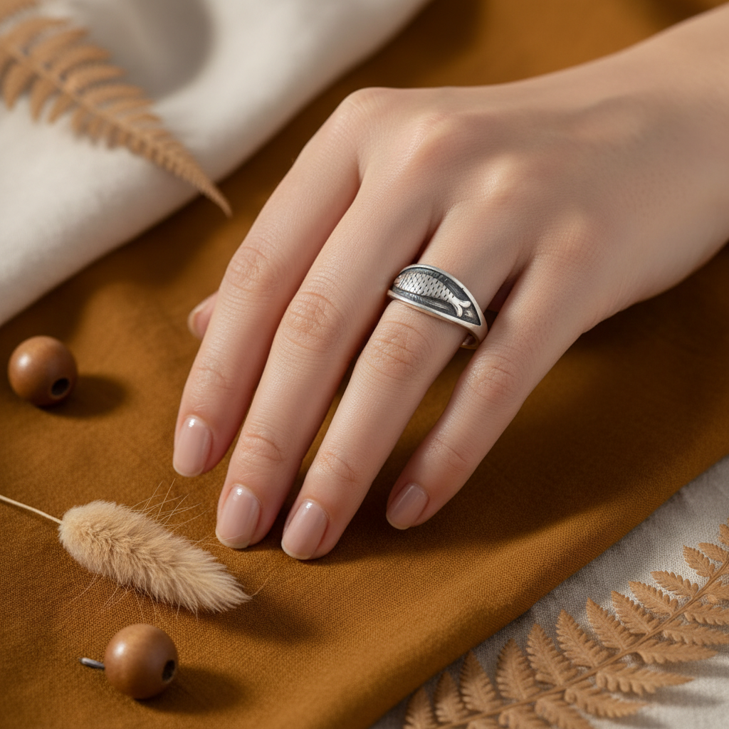 925 Sterling Silver Retro Fish Ring Adjustable
