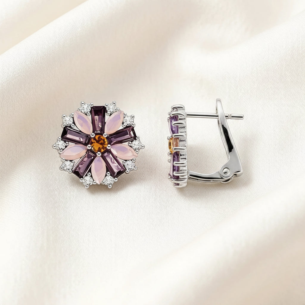 Rhodium Plated Purple Zircon Flower Earrings In 925 Sterling Silver