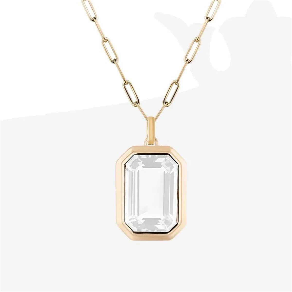 Stainless Steel Square Rock Zircon Pendant Paper Clip Chain Necklace