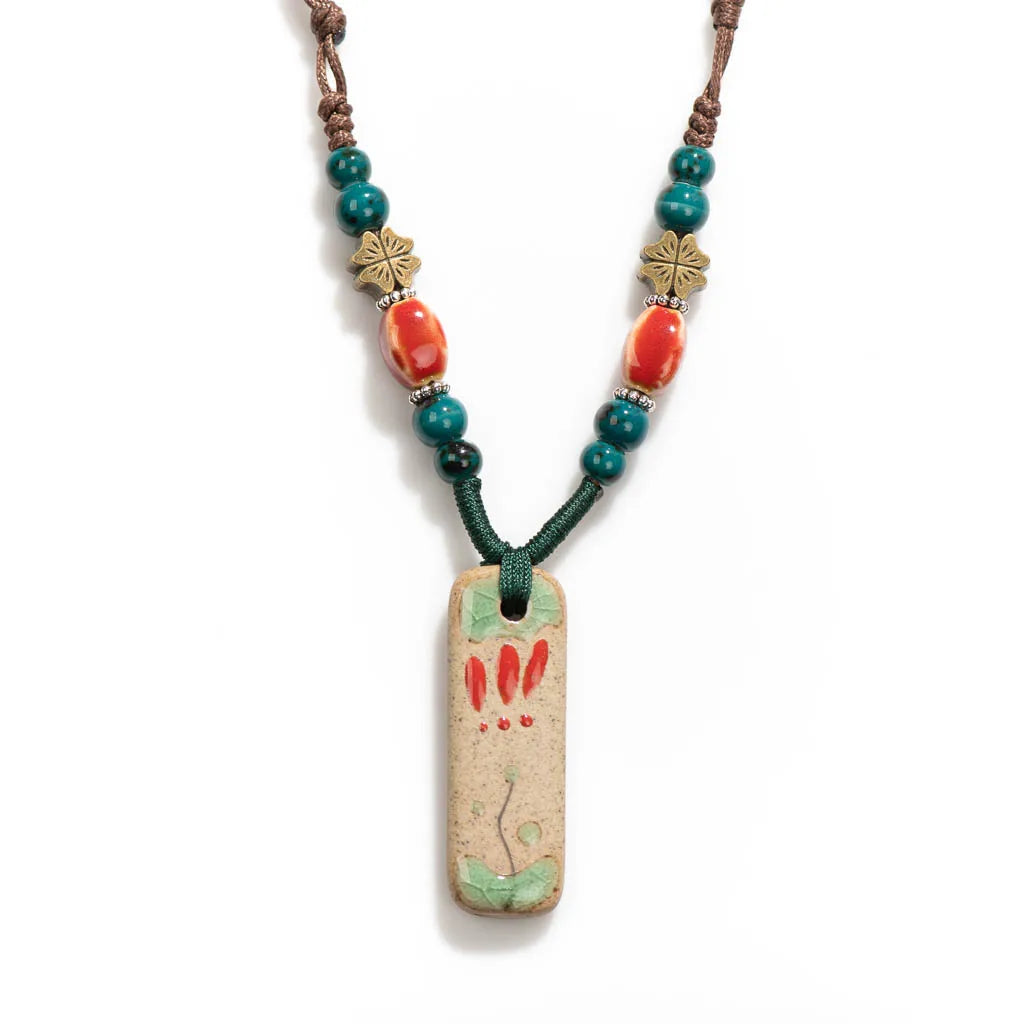 Handmade Ceramic Pendant Beads Necklace Retro