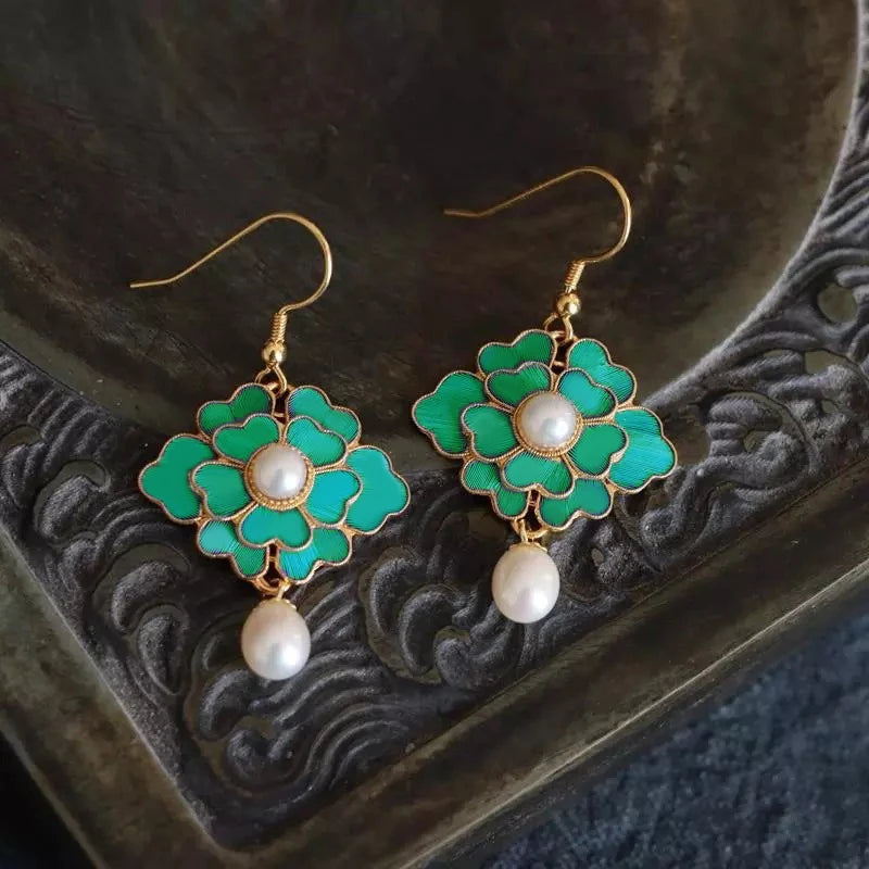 Vintage Gold-Plated Cloisonne Enamel Porcelain Green Flower Drop Earrings