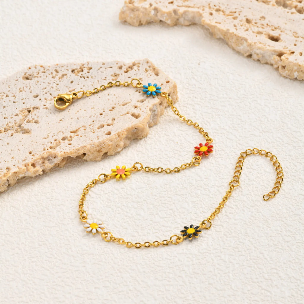 Gold Tone Stainless Steel Colorful Daisy Anklet