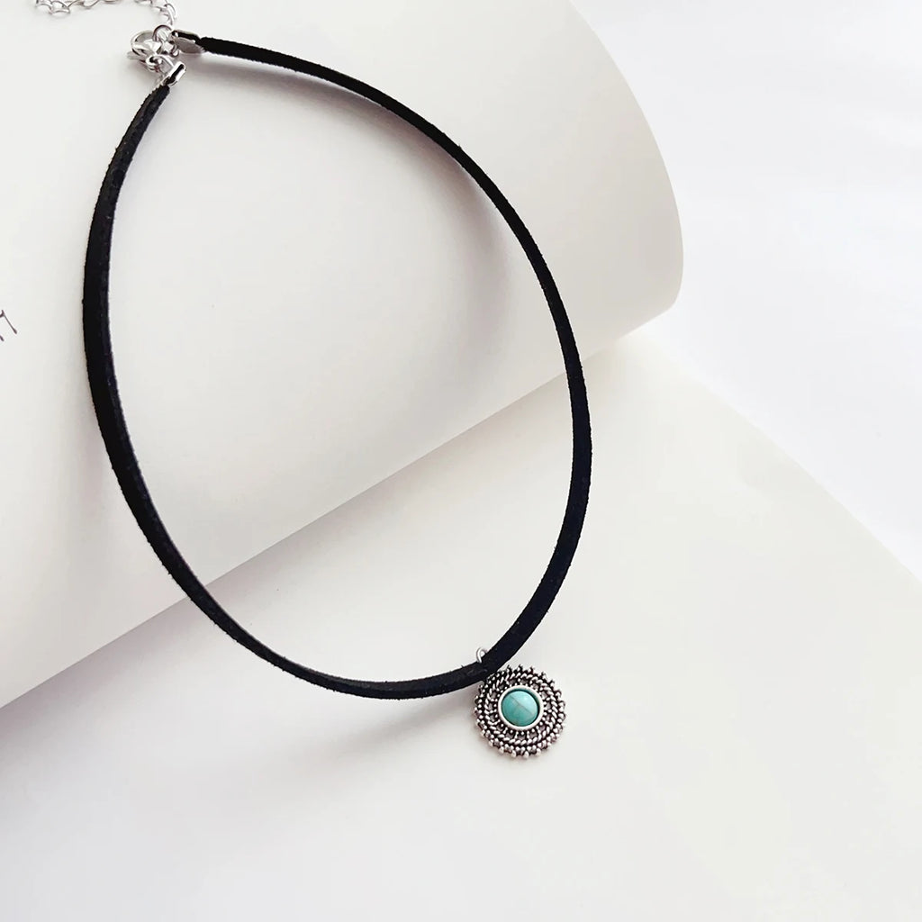 Boho Vamp Style Rope Choker Silver Plated Zinc Alloy Turquoise Pendant
