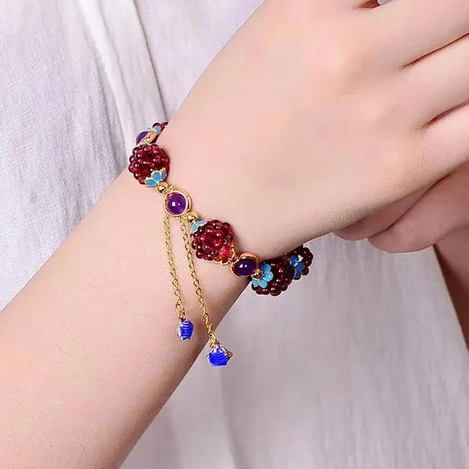Pomegranate Fruit Blue Flower Tianhe Stone Beaded Strand Bracelet - Nature Inspired Unique