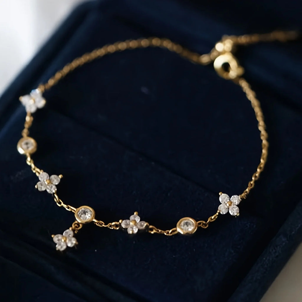 Gold Plated Silver 925 Sterling Silver Zircon Clover Ankle Bracelet