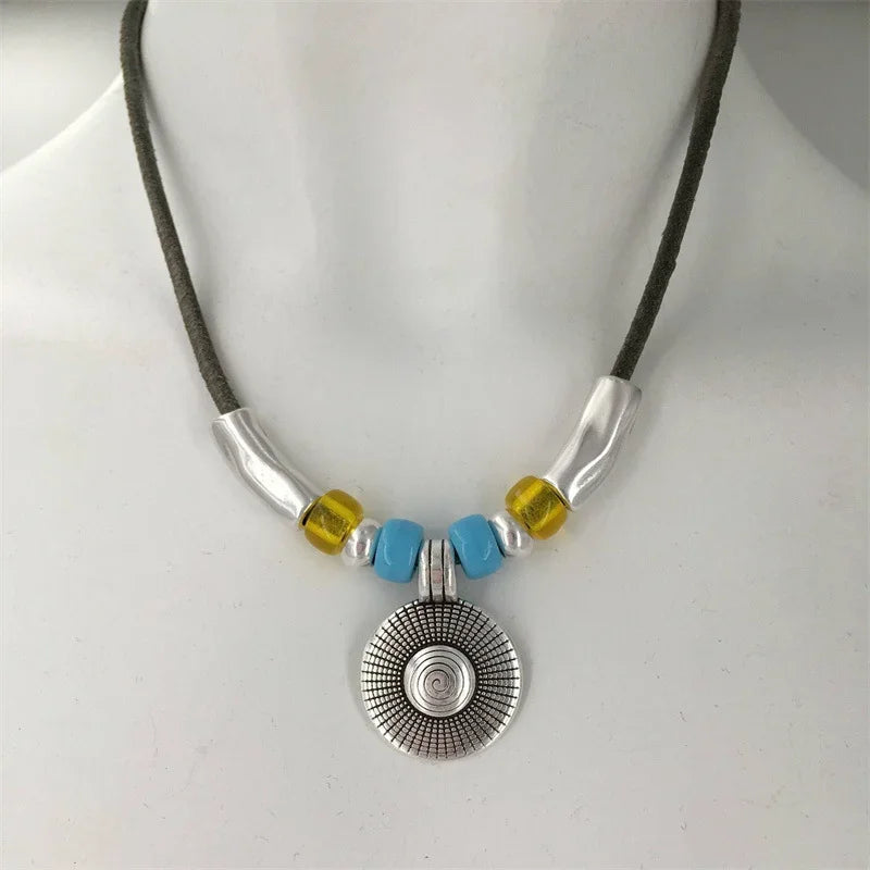 Boho Style Round Pendant Alloy Necklace with Faux Turquoise Beaded Leather Cord