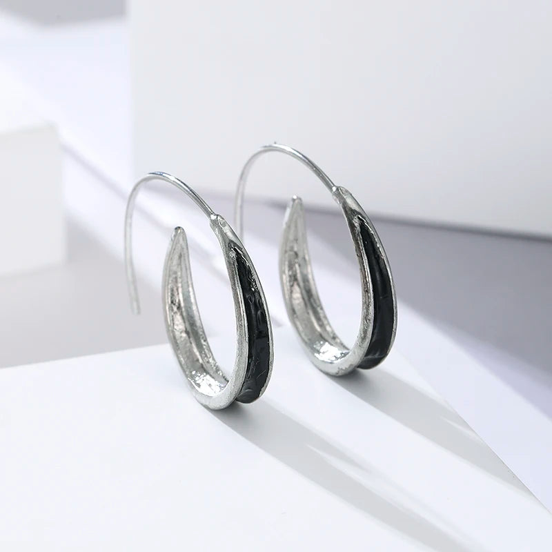 Antique Inspired Silvery Black Circle Hoop Alloy Earrings