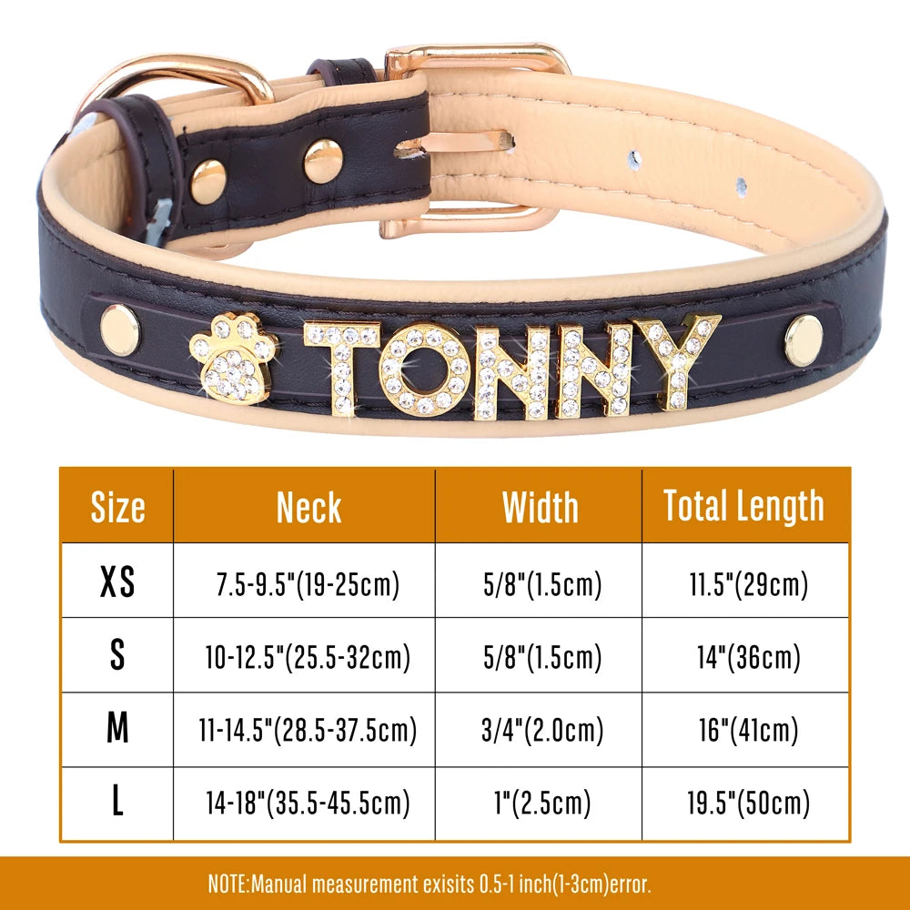 Faux Leather Dog Collar with Rhinestones - Customize, Engrave, Name Tag