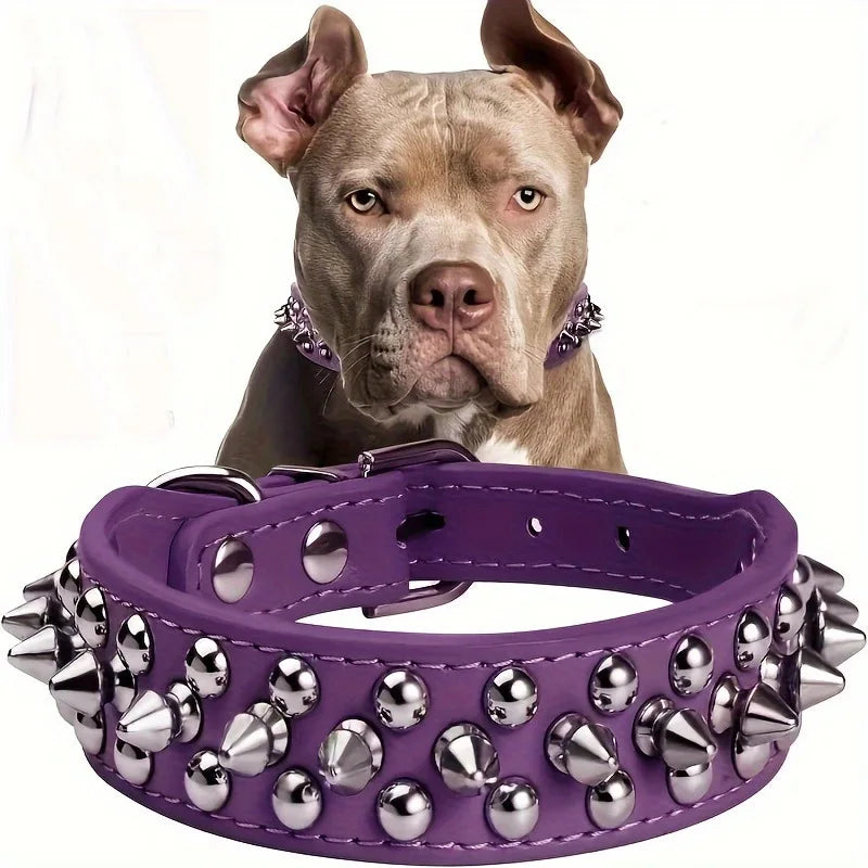 Faux Leather Dog Collar with Spikes - Anti-Bite Rivets, Cool, Attention