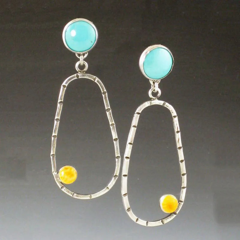 Collection of Bohemian Ethnic Oval Resin Stone Drop Zinc Alloy Earrings