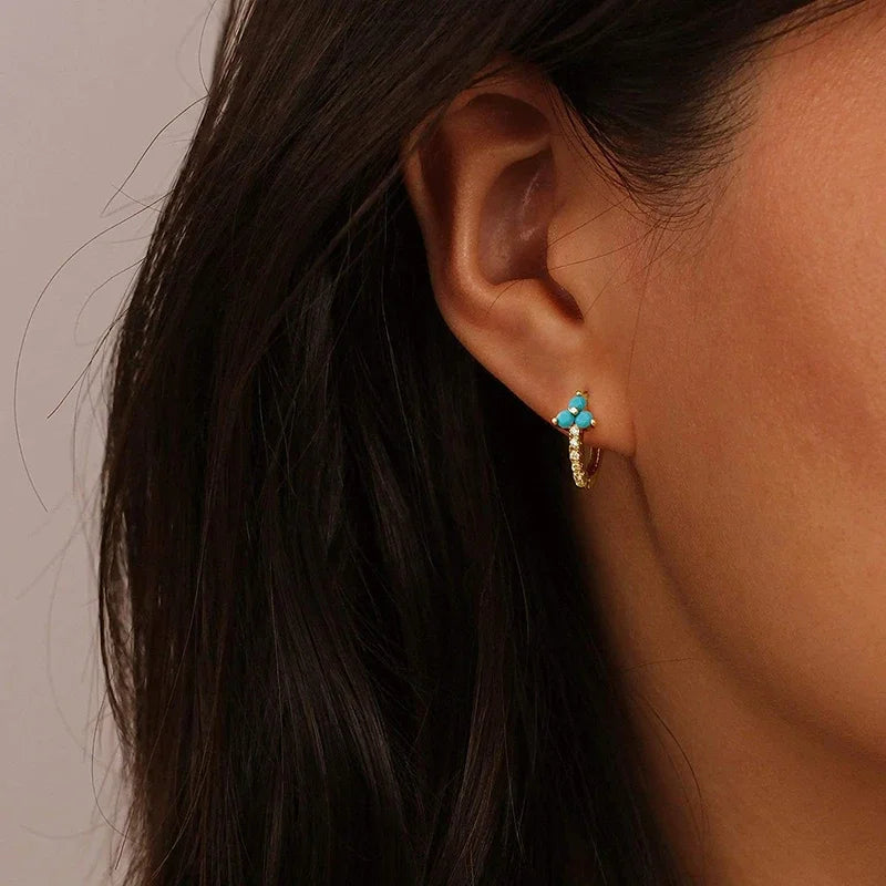 Dainty Hoop 3 Petals Turquoise Flower Alloy Earrings