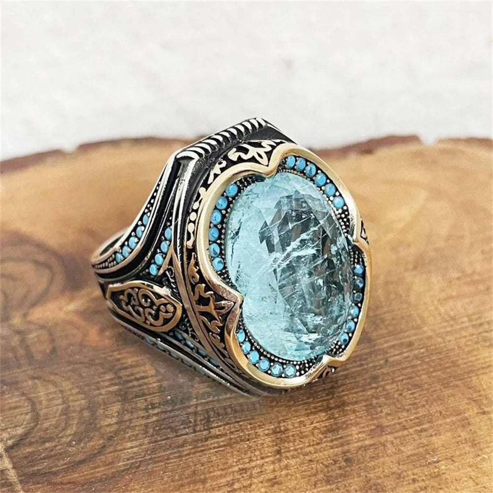 Turkish Large Blue Zircon Stone Zinc Alloy Two Tone Pattern Ring