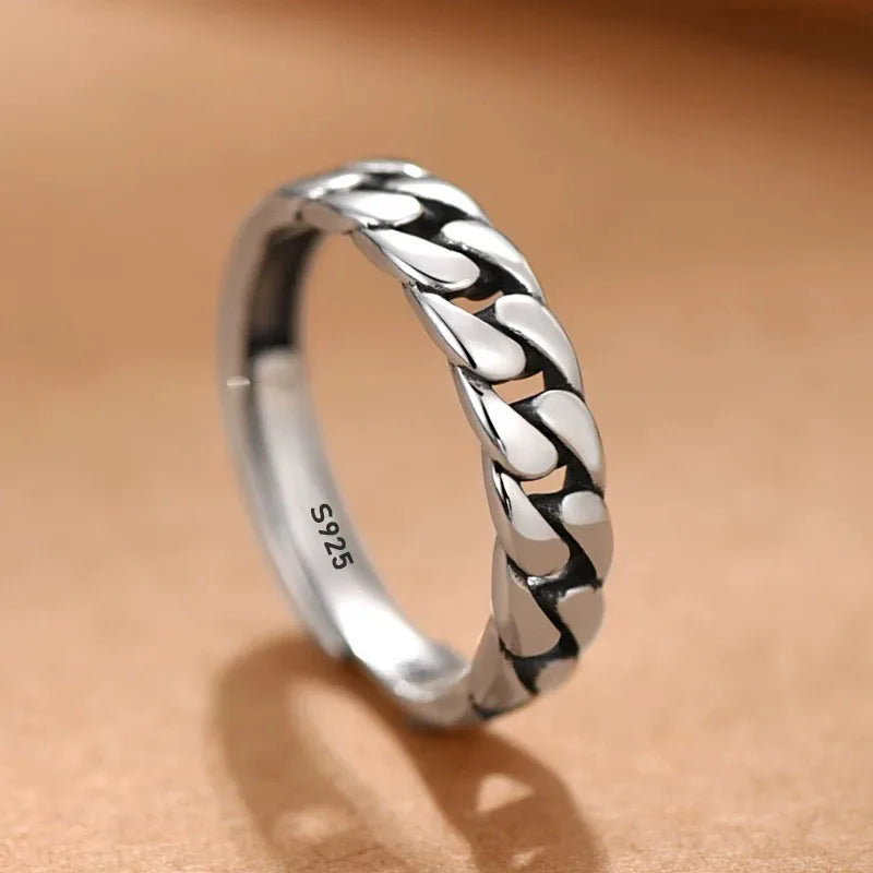 925 Sterling Silver Chain Band Ring Adjustable