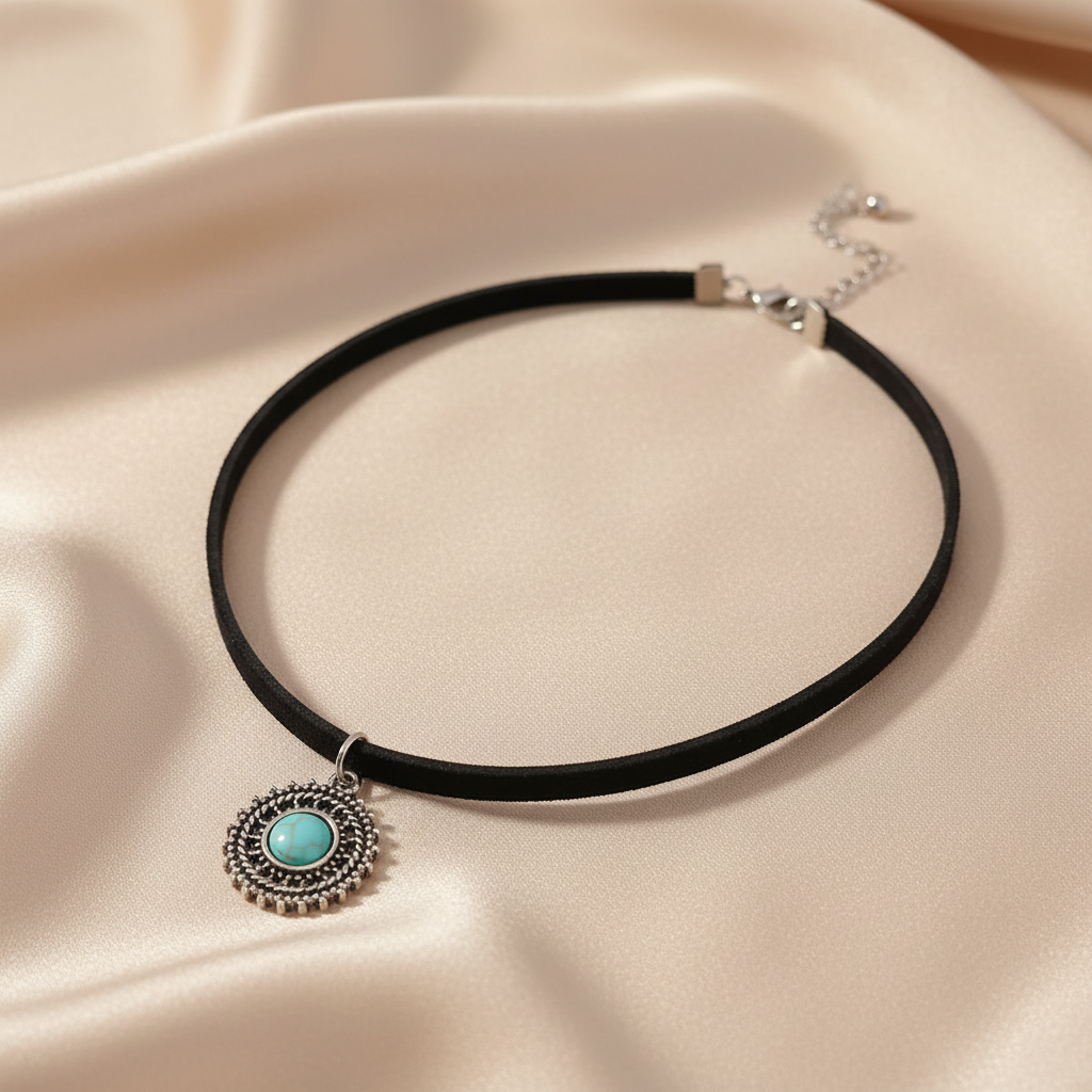 Boho Vamp Rope Choker with Turquoise Pendant