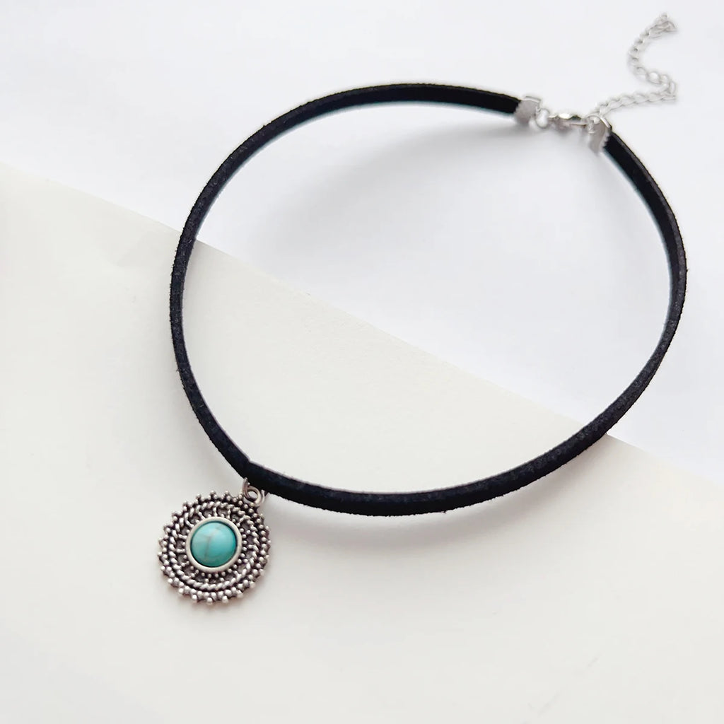 Boho Vamp Style Rope Choker Silver Plated Zinc Alloy Turquoise Pendant