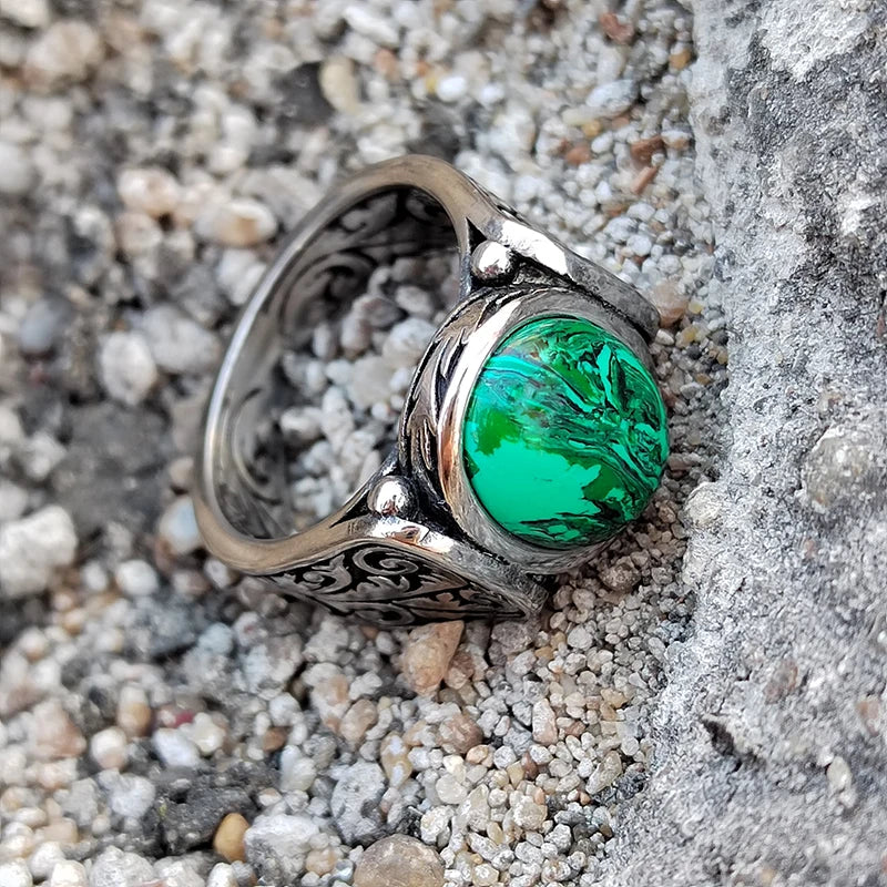 Antique Inspired Large Genuine Malachite Carved Stainless Steel Ring