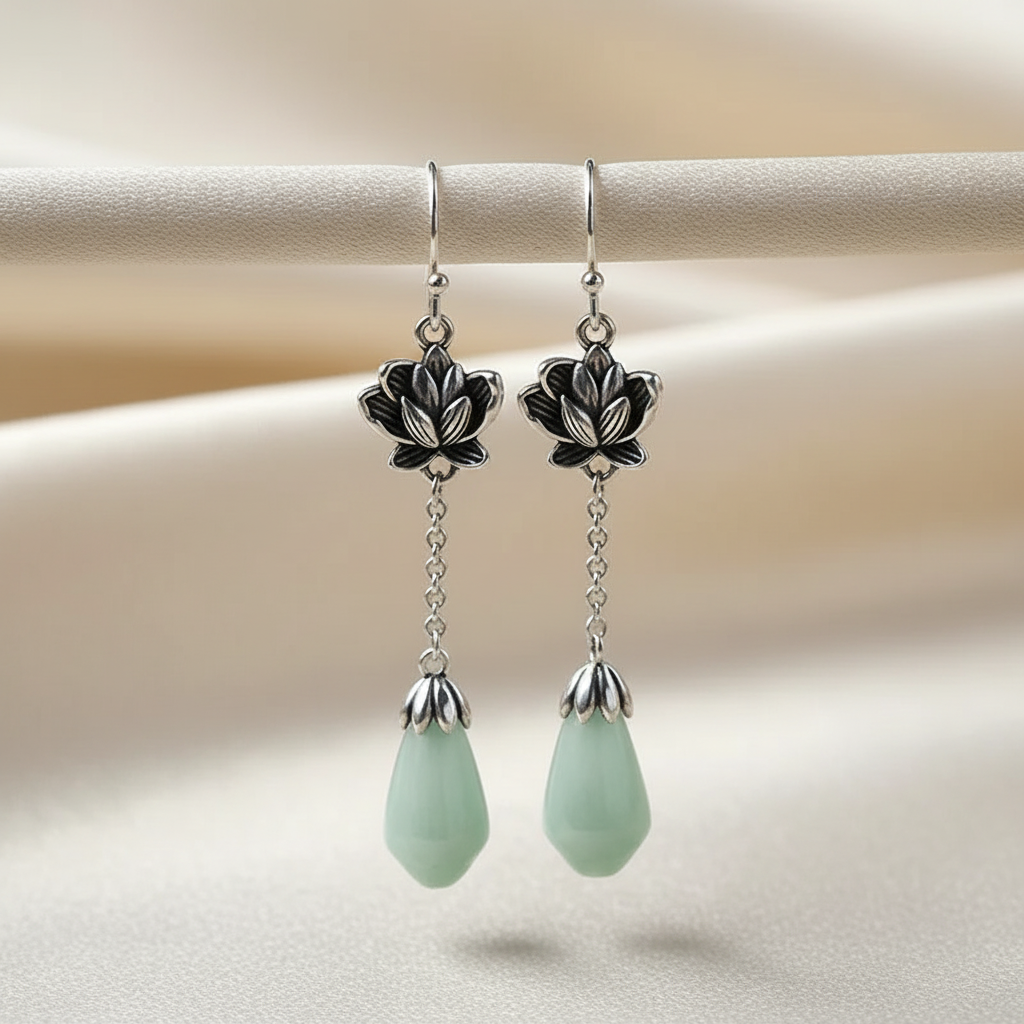 925 Sterling Silver Lotus Flower Jade Drop Earrings