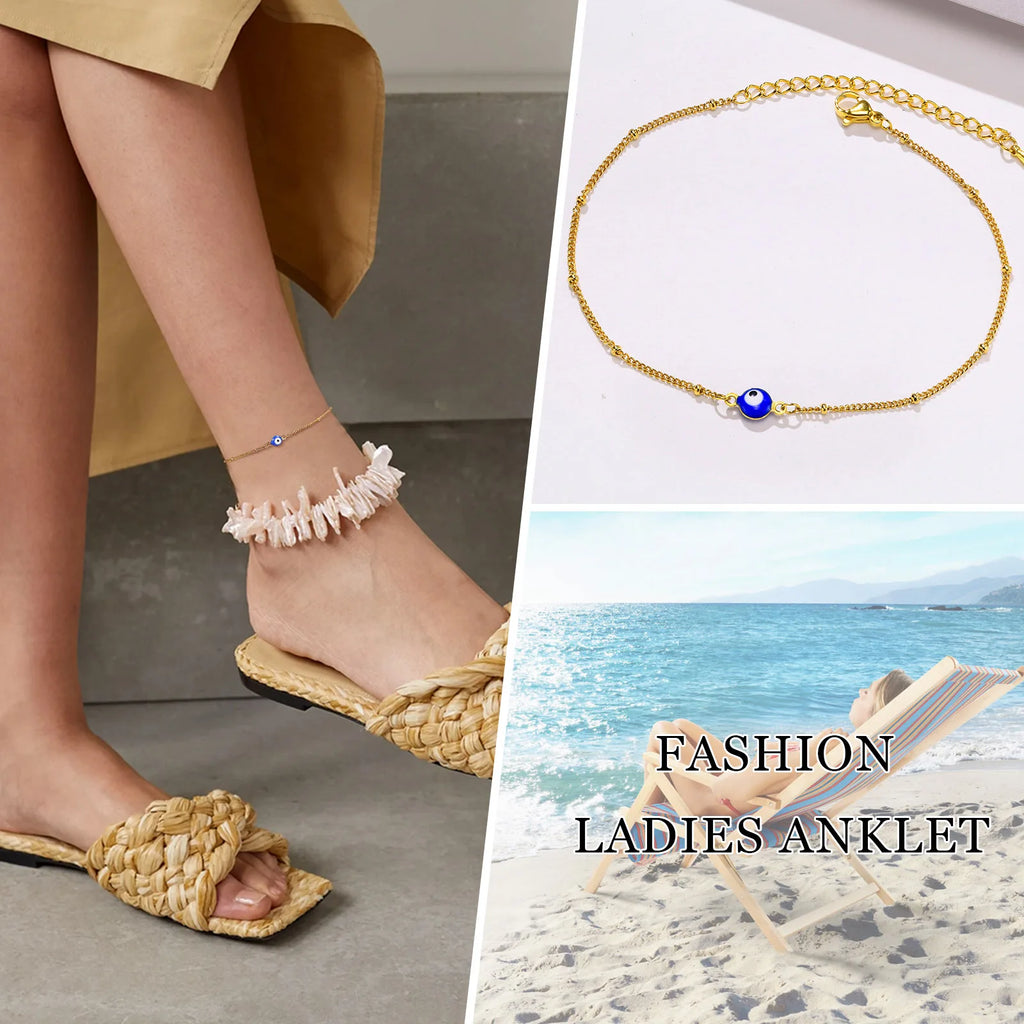 Gold-Plated Stainless-Steel Lucky Blue Evil Eye Anklet - Choose Your Style