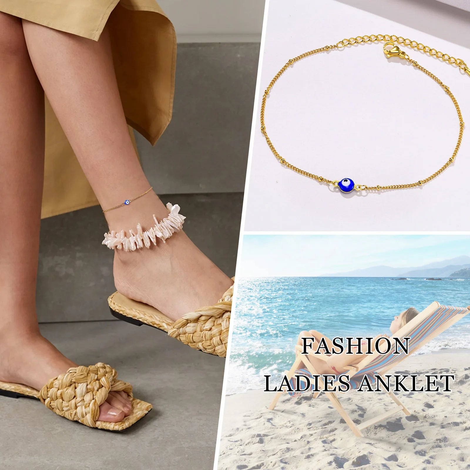 Gold-Plated Stainless-Steel Lucky Blue Evil Eye Anklet - Choose Your Style