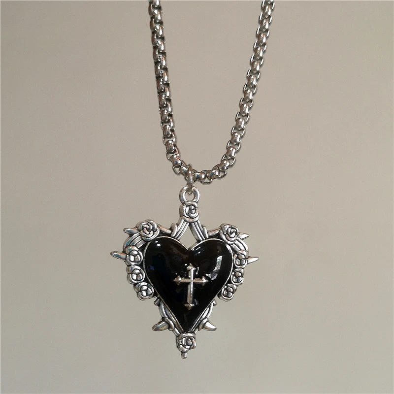 Stainless Steel Gothic Y2K Black Thorn Cross Heart Pendant Choker Necklace Selection