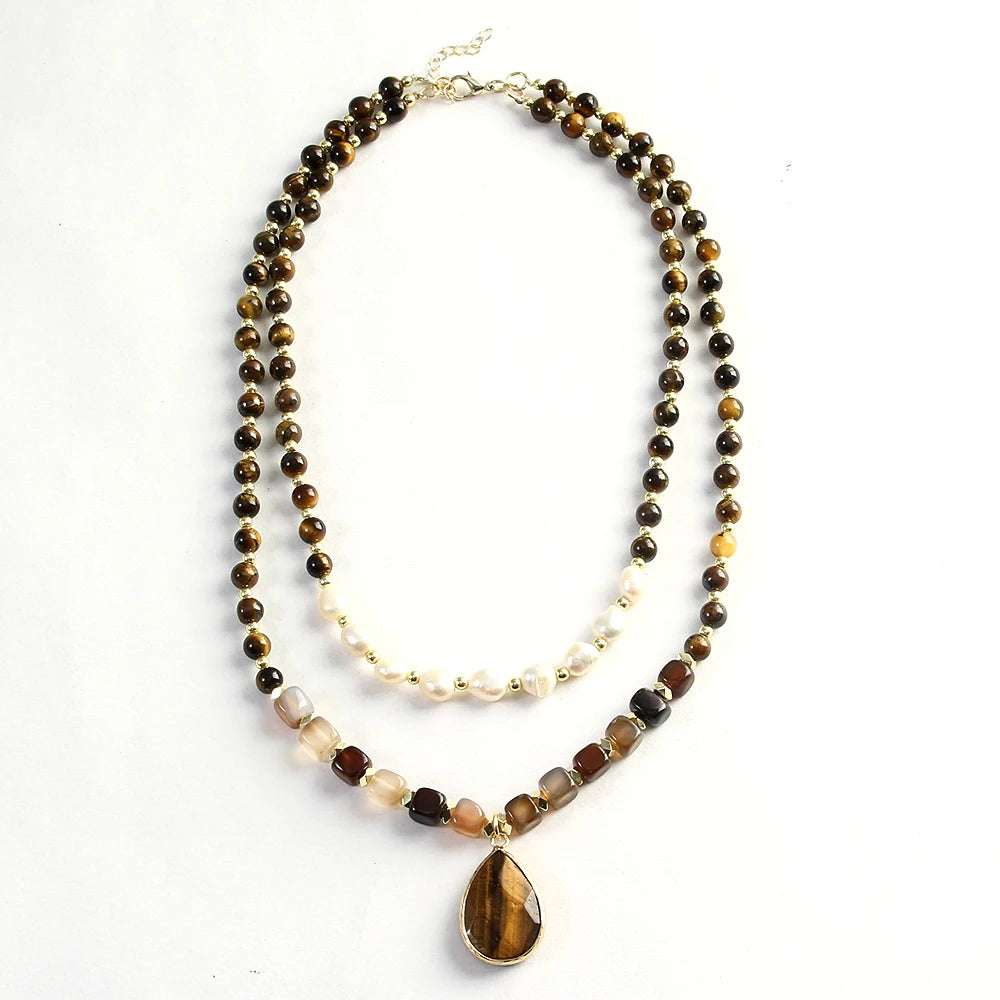 Bohemian 2-Layer Tiger Eye Indian Agate Stone Freshwater Pearl Drop Pendant Necklace