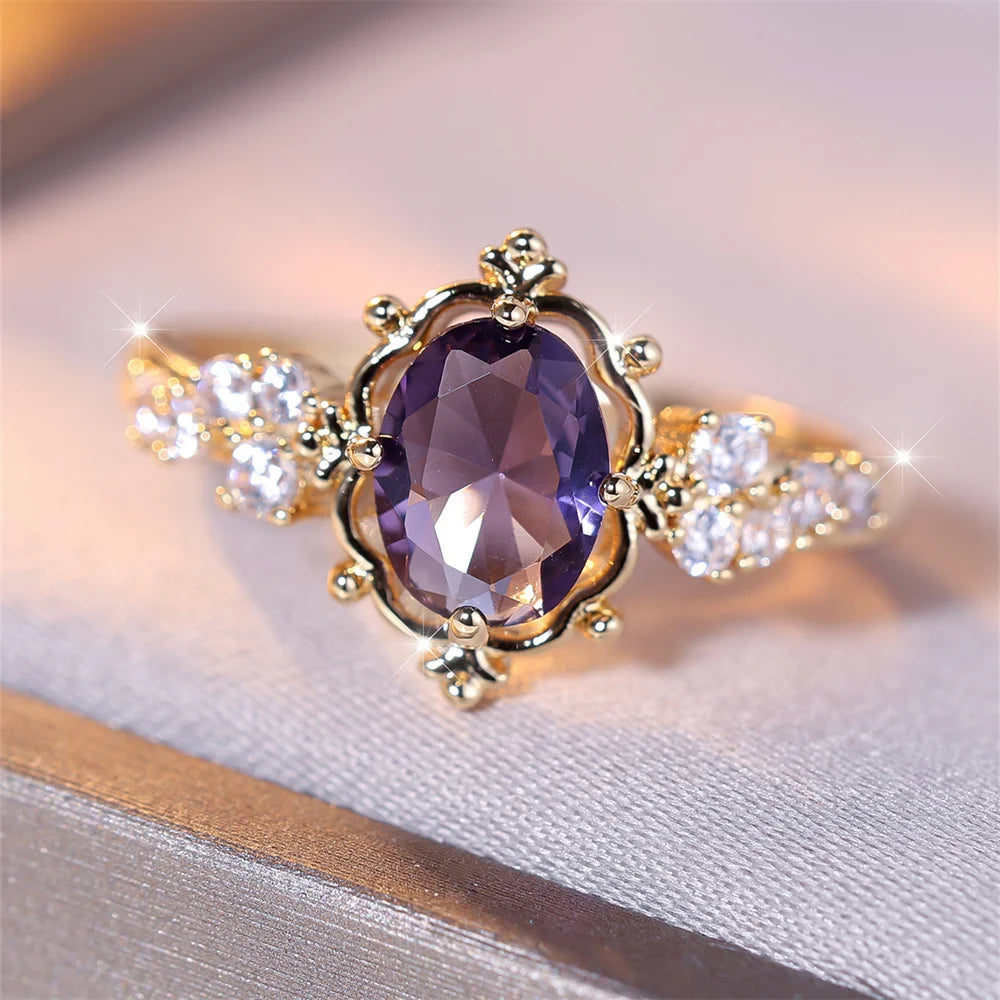 Gold Plated Copper Ring with Purple Oval Crystal Stone & Clear CZ - Romantic, Vintage Looking