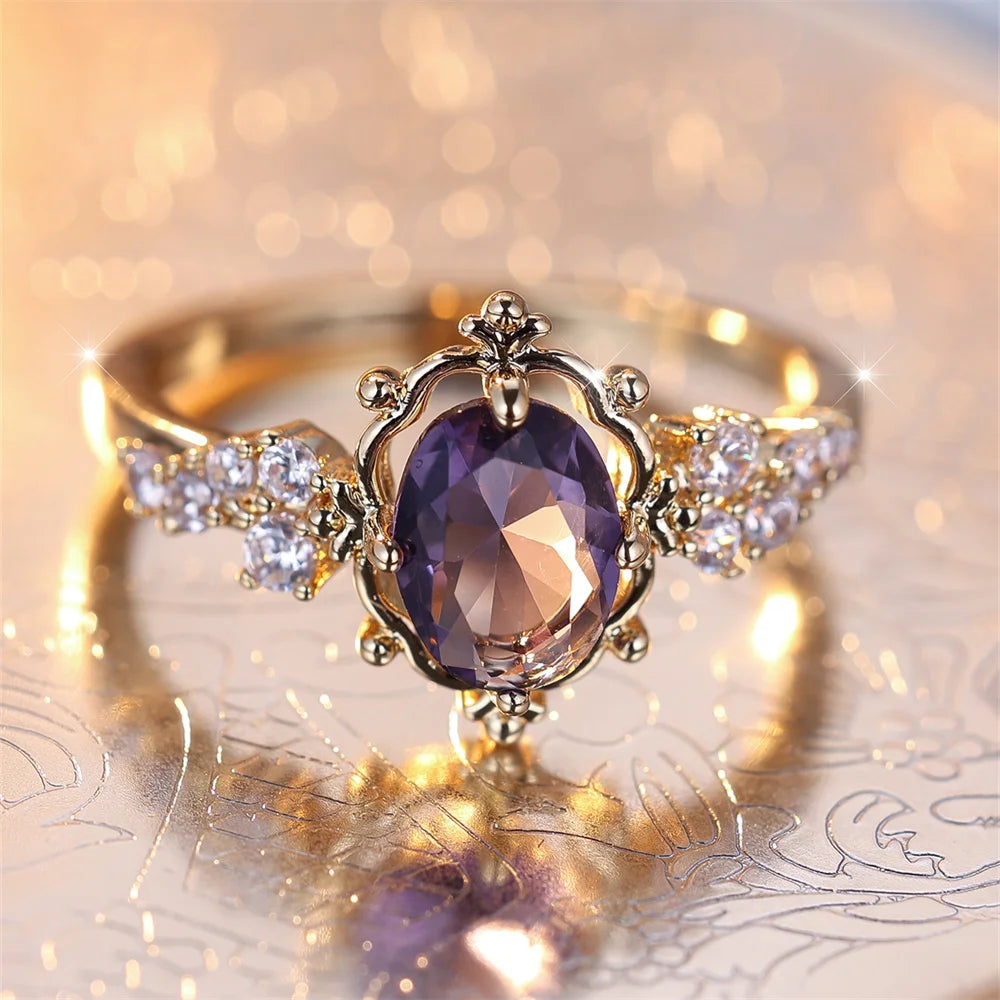 Gold Plated Copper Ring with Purple Oval Crystal Stone & Clear CZ - Romantic, Vintage Looking
