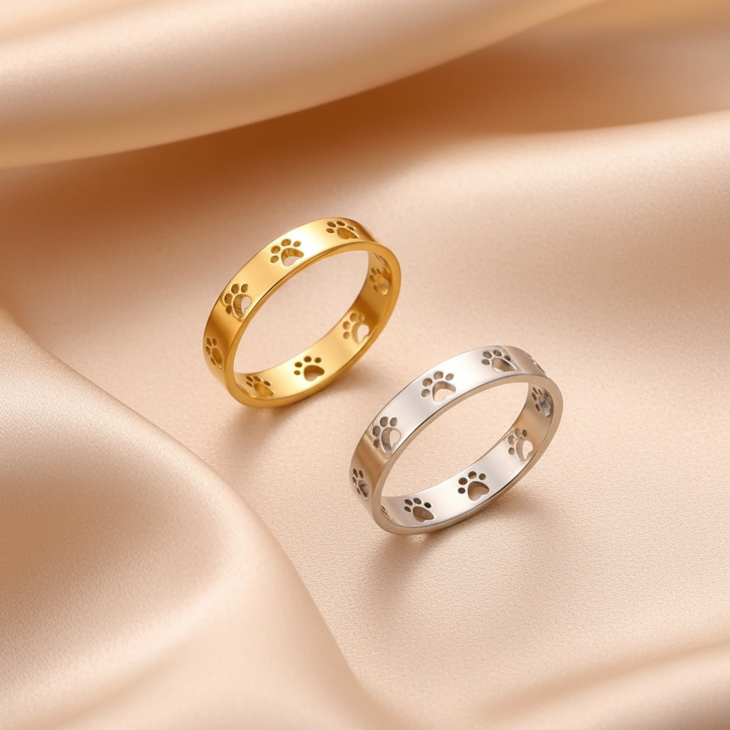18K Gold Plated Stainless Steel Dog Paw Foot Print Ring in Gold & Silver
