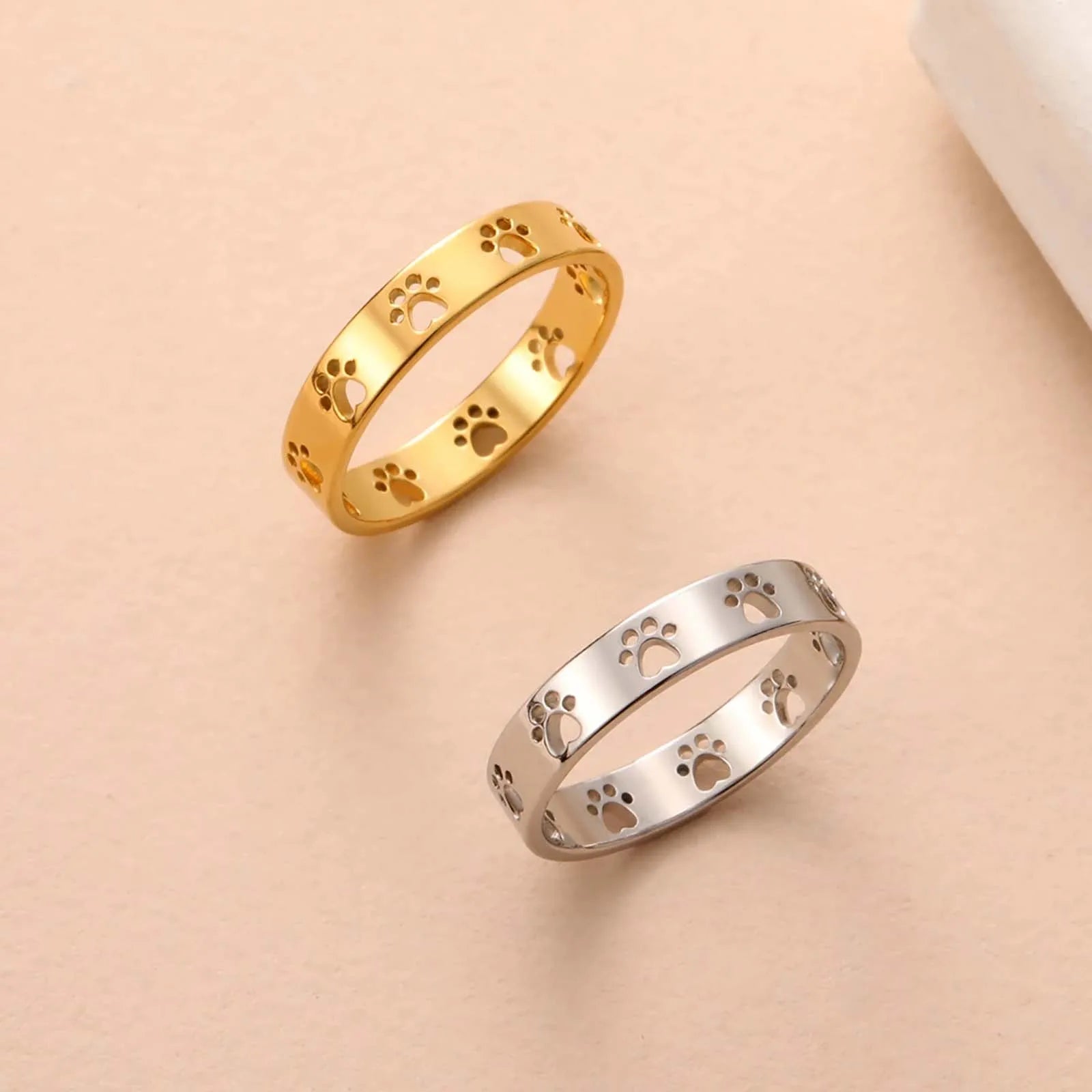 18K Gold Plated Stainless Steel Dog Paw Foot Print Ring in Gold & Silver