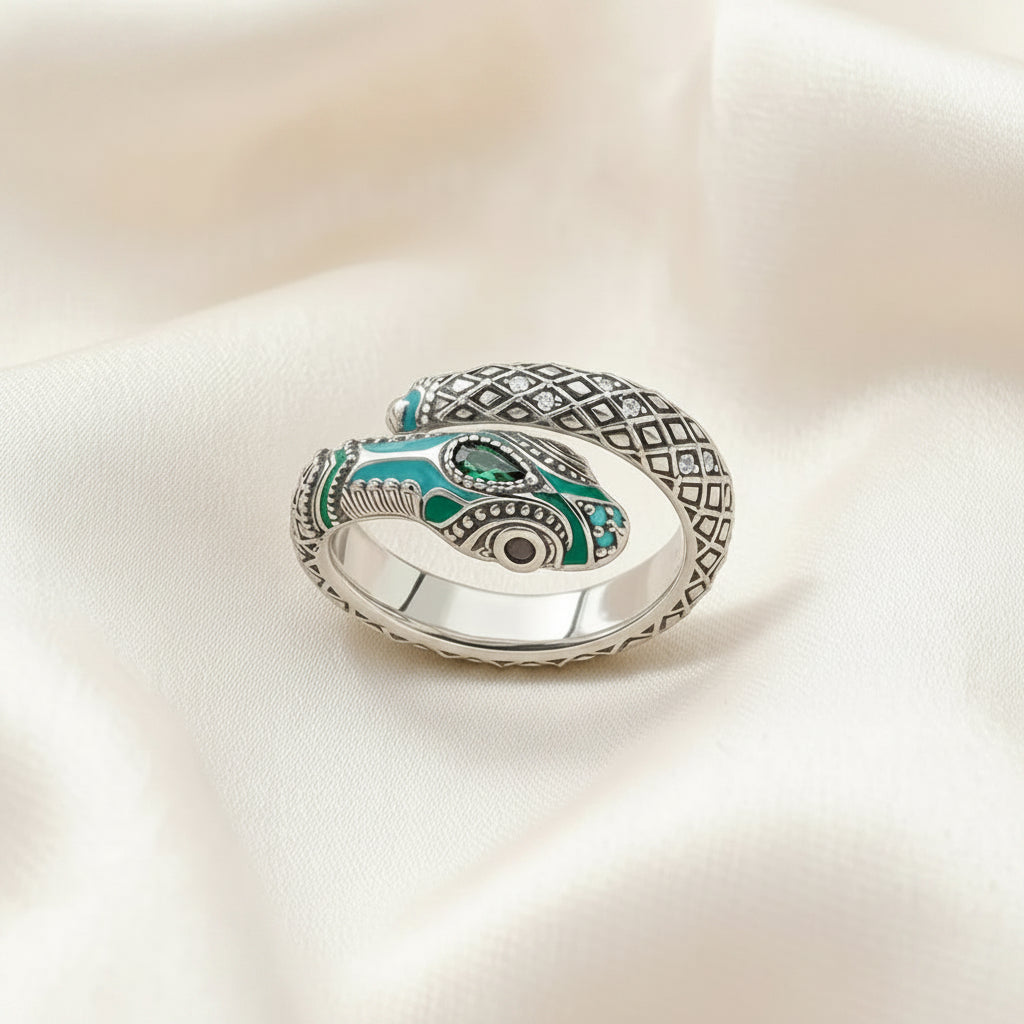 Tropical Mystic Snake Ring in 925 Sterling Silver with Zircons