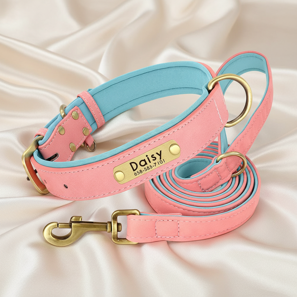 Quality Faux Leather Dog Collar Leash Set - Customize, Engrave, Name Tag