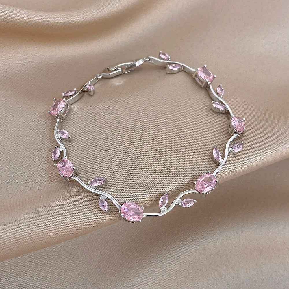 Pink/Purple Zircon Flower Leaf Silver Chain Bracelet in Copper - Elegant, Feminine