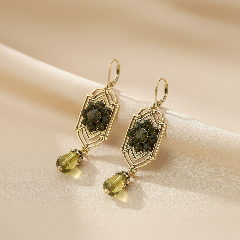 KC Gold Plated Copper Green Stone Earrings - Victorian Edwardian Art Nouveau