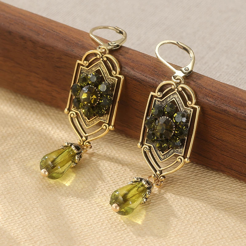 KC Gold Plated Copper Green Stone Earrings - Victorian Edwardian Art Nouveau