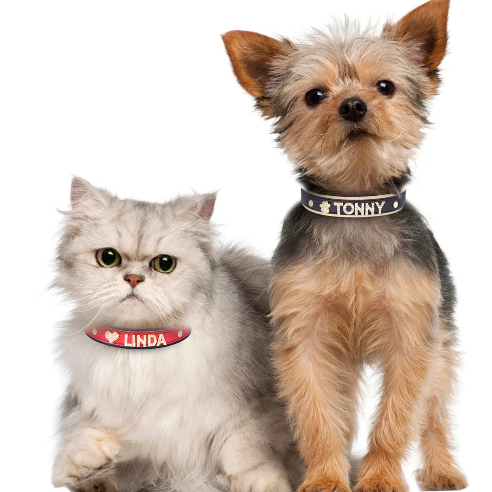 Faux Leather Dog Collar with Rhinestones - Customize, Engrave, Name Tag