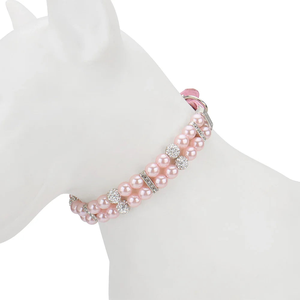 Faux Pearl Pet PU Leather Collar Necklace with Rhinestones