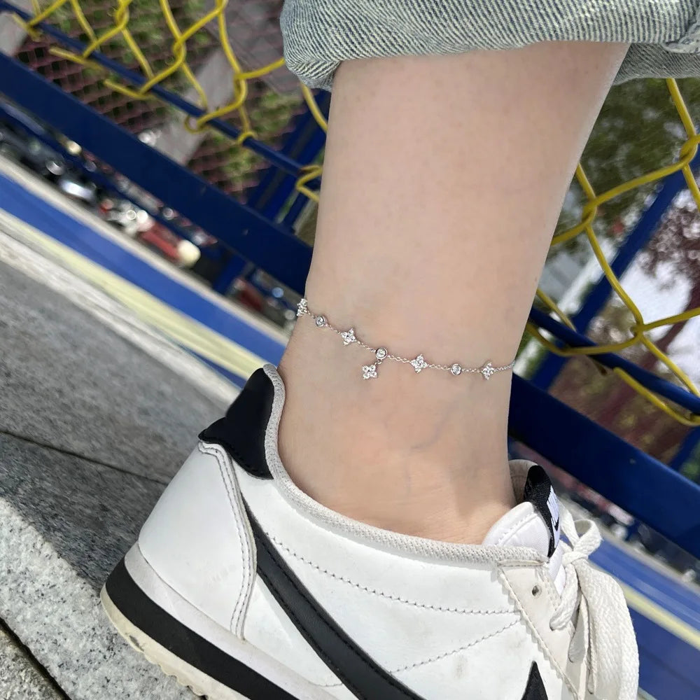 Gold Plated Silver 925 Sterling Silver Zircon Clover Ankle Bracelet