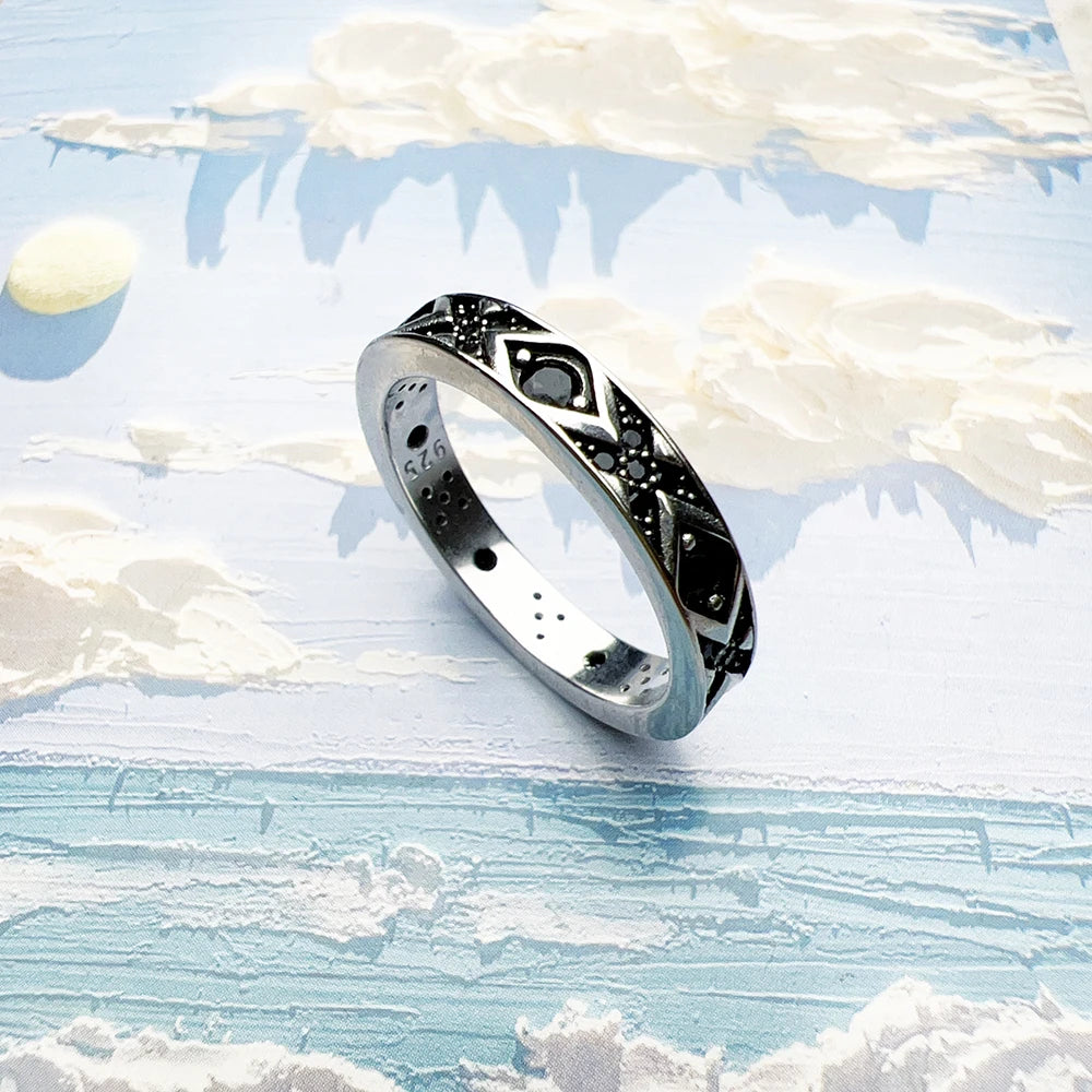 Ornament Band Ring in 925 Sterling Silver with Black Zircons