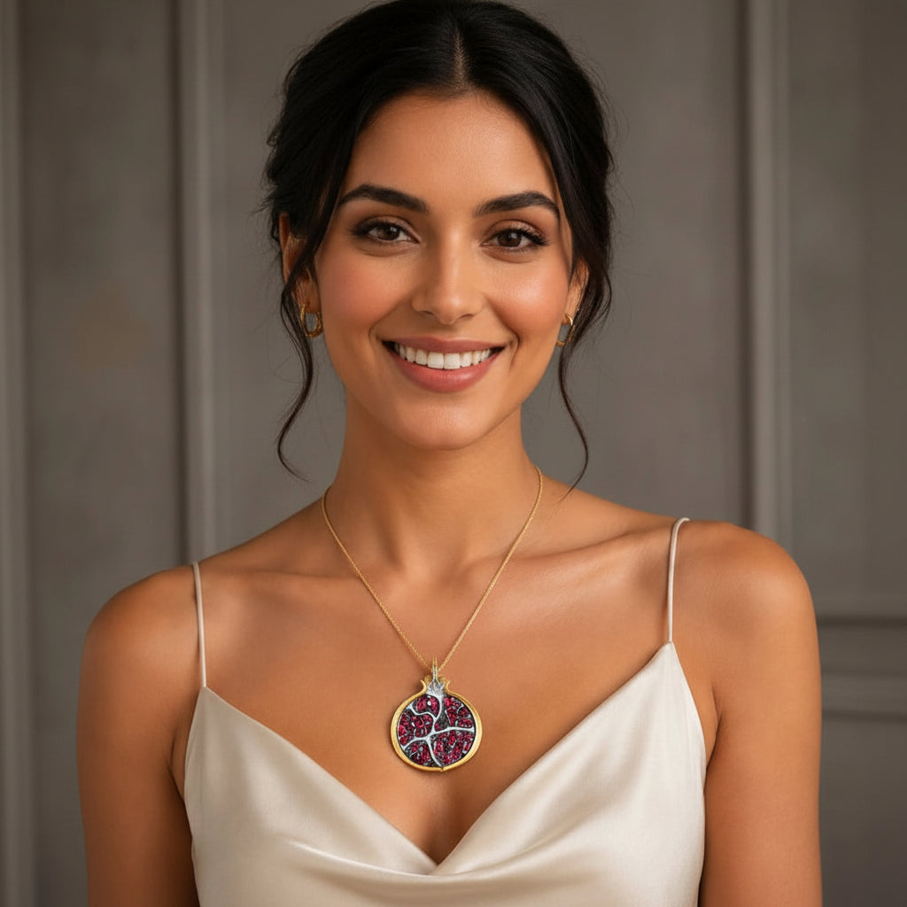 Large Pomegranate Pendant with Zircon Stones in 925 Sterling Silver