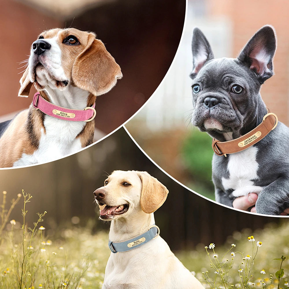 Soft Faux Leather Adjustable Dog Collar - Customize, Engrave, Name Tag, ID Necklace